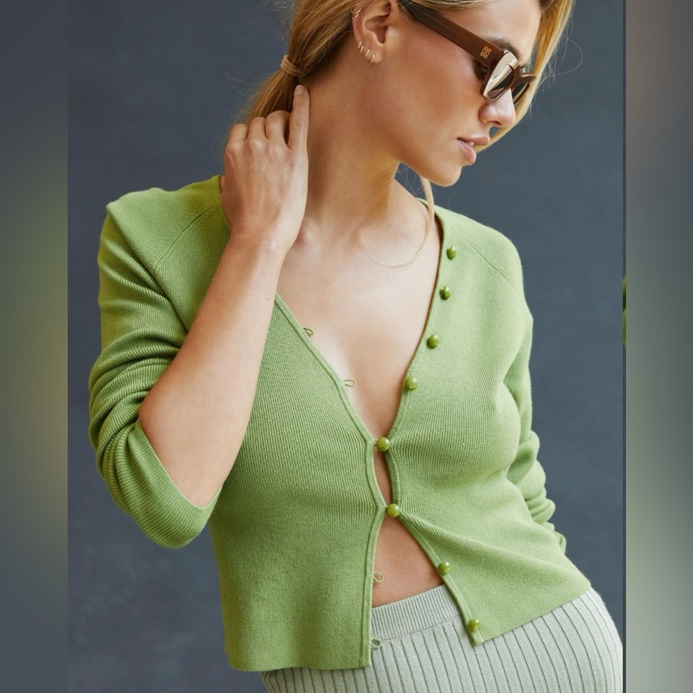 Maeve Anthropologie Isabella Cropped Cardigan Green Sweater